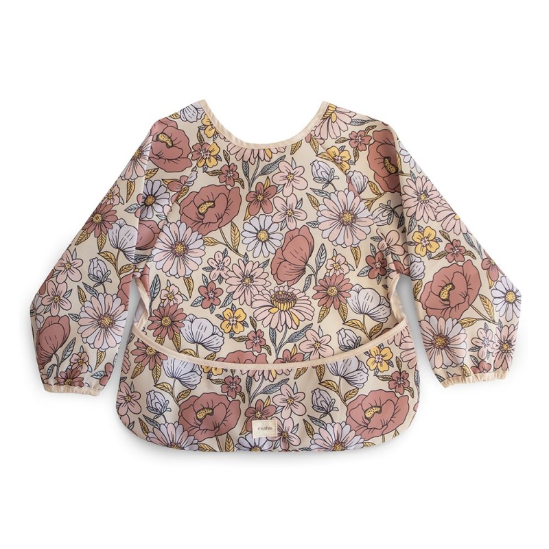 LONG SLEEVE BIB SOLID RETRO FLOWERS 36x40 CM